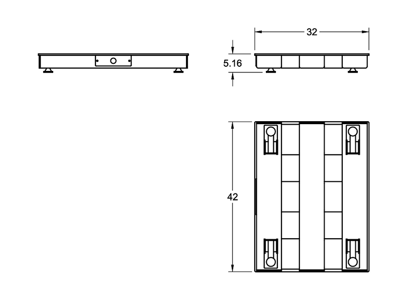 Technical dimension drawing of a rectangular platform or tray, showing front, side, and top views with measurements 32, 42, and 5.16 on a white background.
